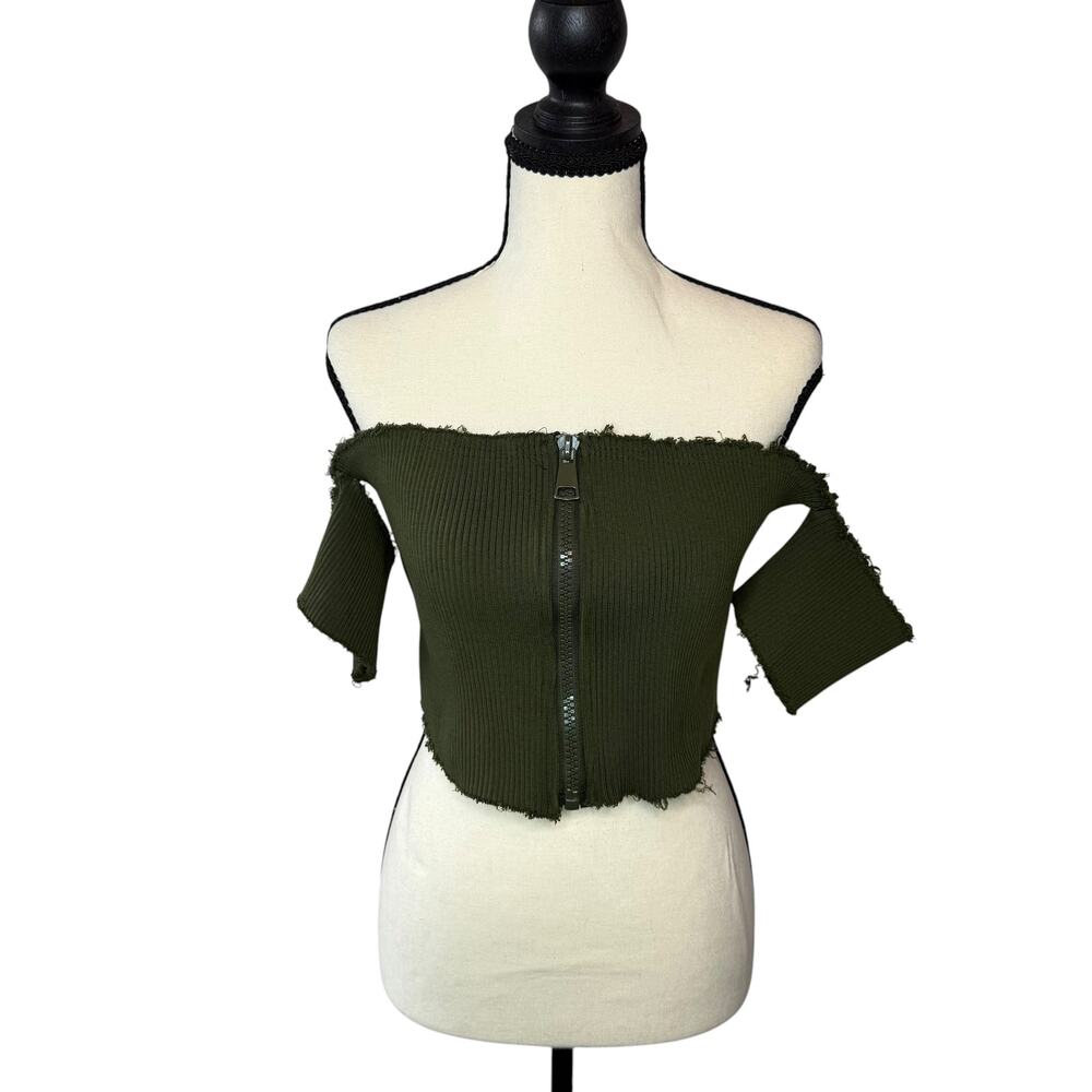 Fashion Nova Olive Green Ribbed Off Shoulder Zip Crop Top Women’s 1XL
